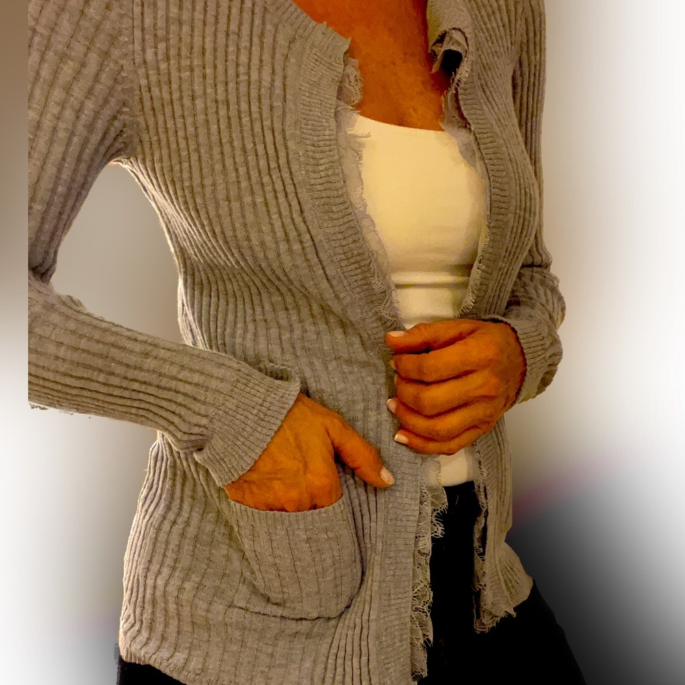 Anthropology gray lace lined cardigan sweater w pockets. Size S